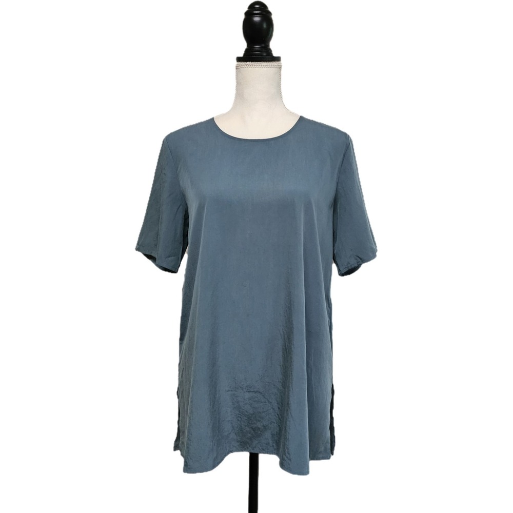Eileen Fisher Sandwashed Tencel Round Neck Boxy Short Sleeve Top Sz L Gray Green